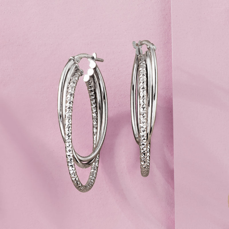 Italian sterling silver triple-hoop earrings with textured hoops and stud back