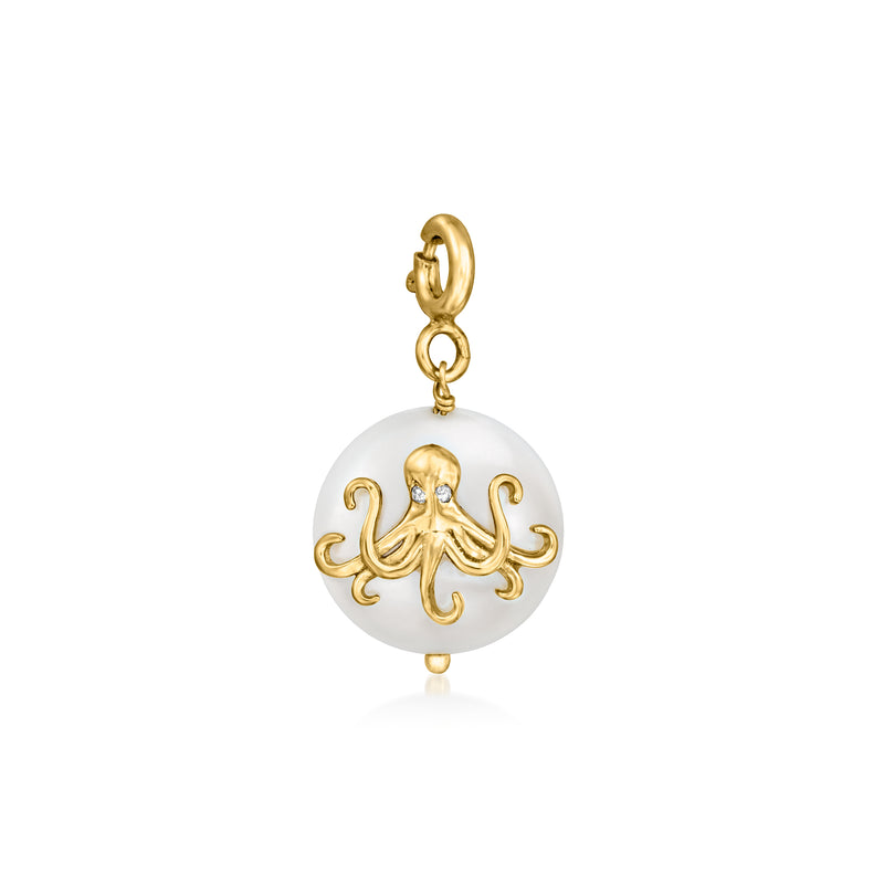 Coin pearl charm with gold octopus motif and ring bail, round pendant