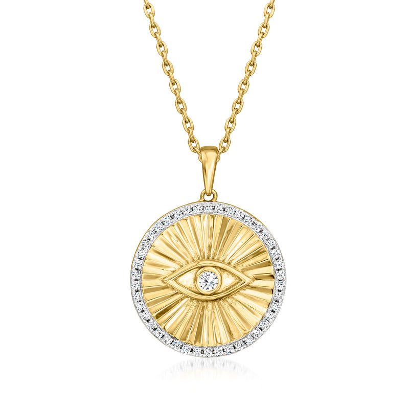 Gold over sterling evil eye medallion pendant with round halo of diamond accents