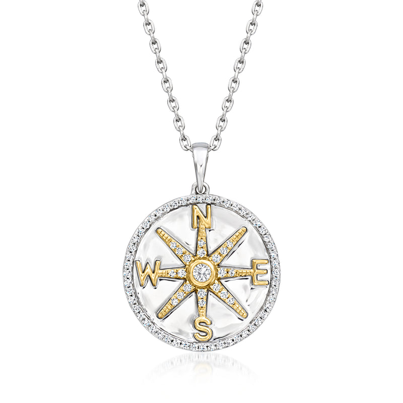 Sterling silver compass pendant necklace with round diamond bezel and gold accents