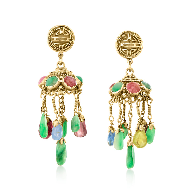 Gold chandelier post earrings with pink, green, blue gemstone drops