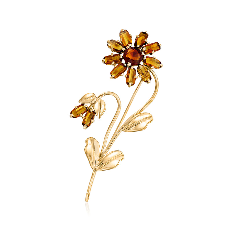 Vintage citrine daisy lapel pin in 14kt yellow gold with amber flower center