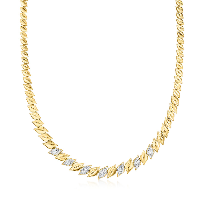 Gold leaf collar necklace with diamond accents, linked chain design
