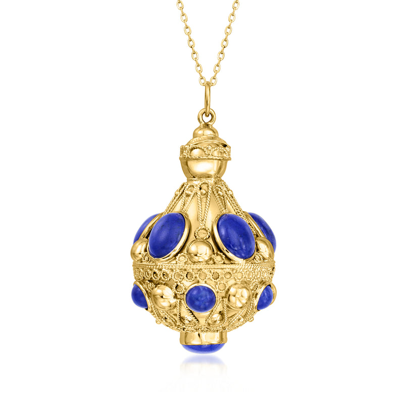 Gold lapis pendant with blue cabochons, ornate filigree, and long chain