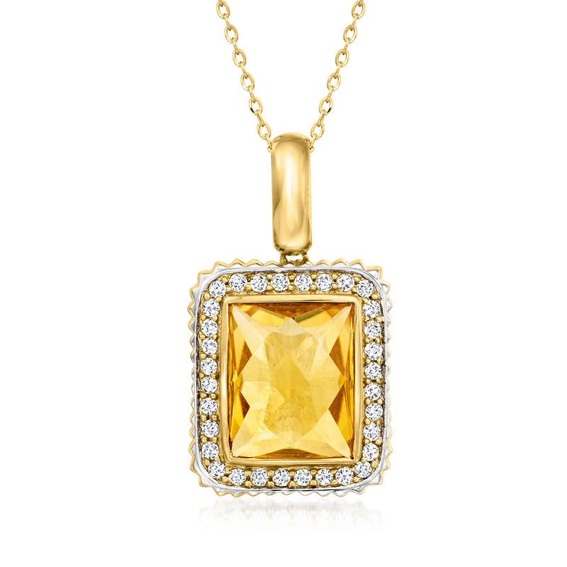 18kt yellow gold pendant necklace with square citrine center and diamond halo border