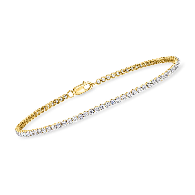 14kt yellow gold diamond tennis bracelet with small round stones, hinged clasp
