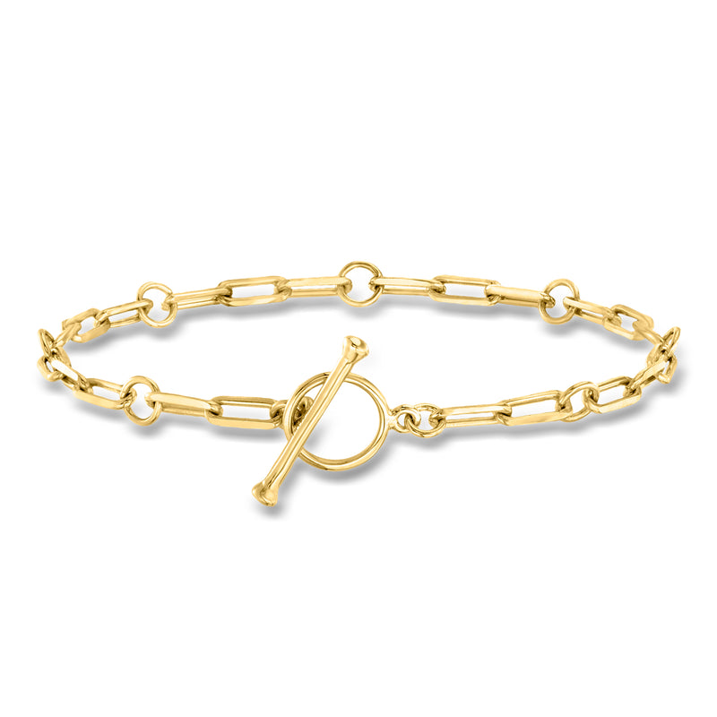 Gold-tone link toggle bracelet with paper-clip style clasp and heart charm