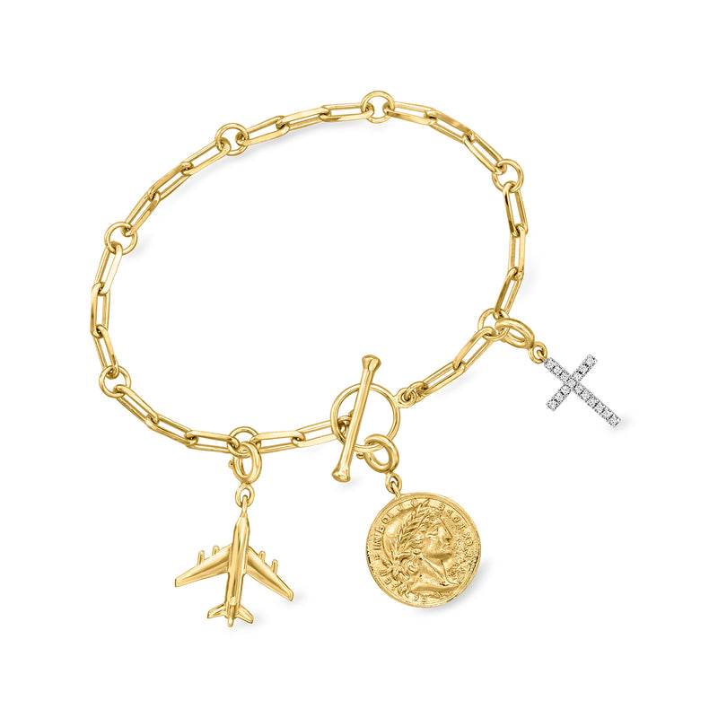 Gold-tone link toggle bracelet with cross, airplane, and coin charms