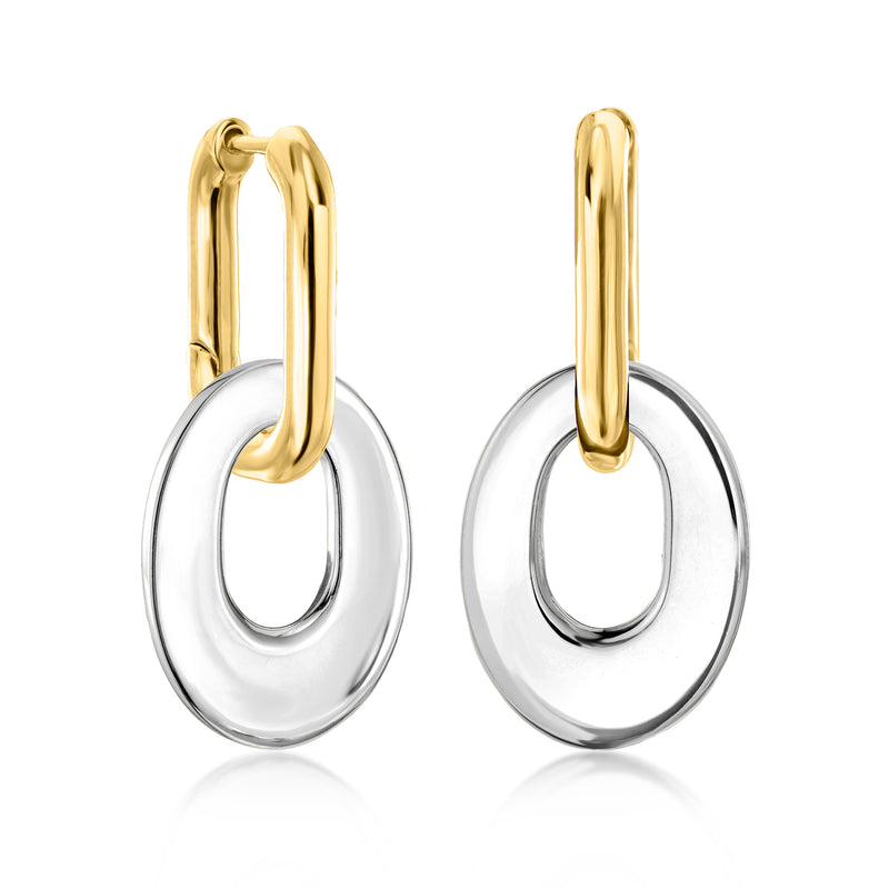 Gold-over-sterling hoop earrings with oval sterling silver drop dangles