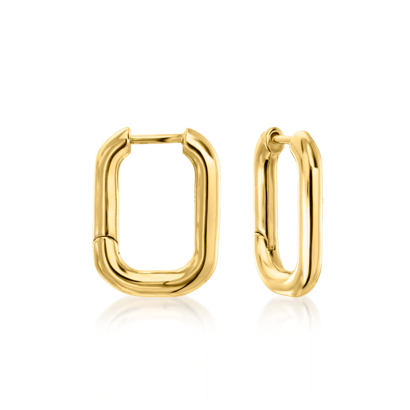 Gold hoop earrings with open square-like link, no drops visible