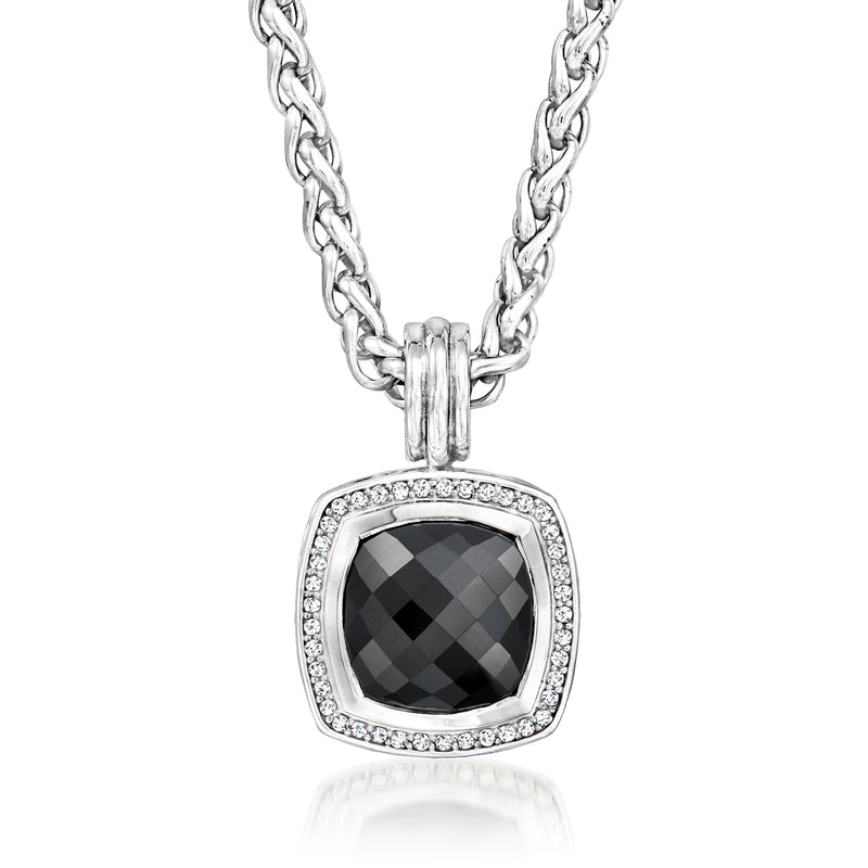 Sterling silver pendant necklace with square black onyx and diamond halo