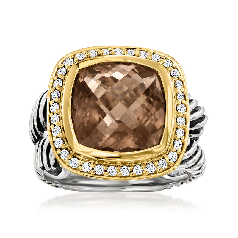 Vintage smoky quartz ring with yellow gold bezel, diamond halo, and sterling silver braided band