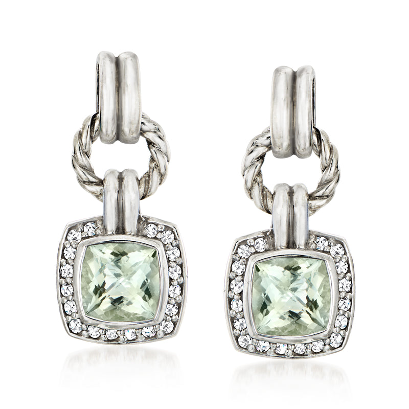 Sterling silver drop earrings with pale green gemstone and diamond halo