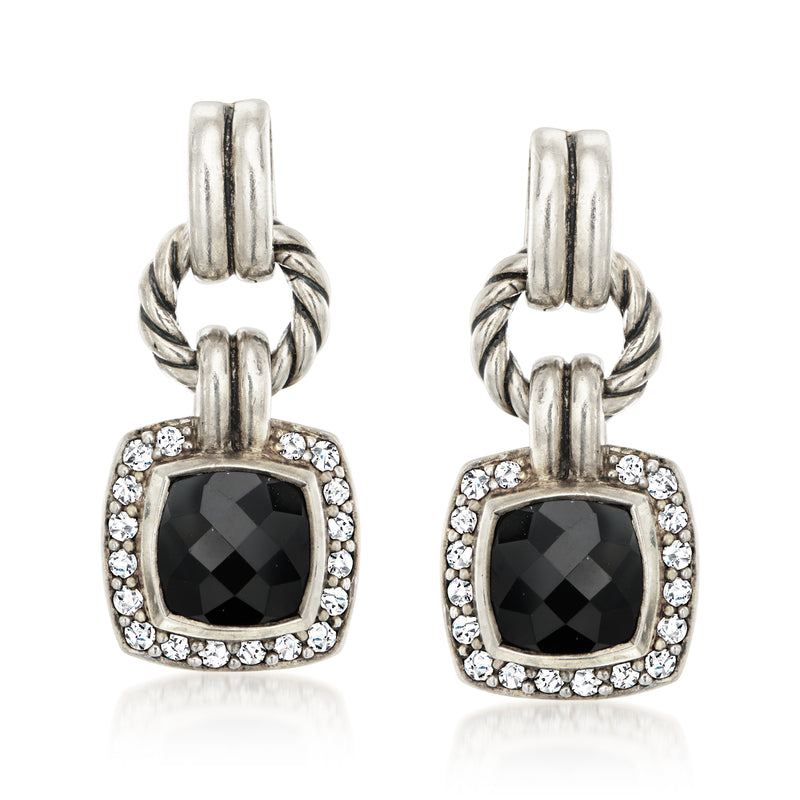 Sterling silver drop earrings with square black stone and diamond halo, twisted ring tops