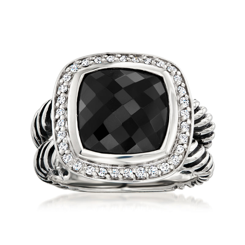Vintage sterling silver onyx and diamond ring with oval black stone, halo, twisted band