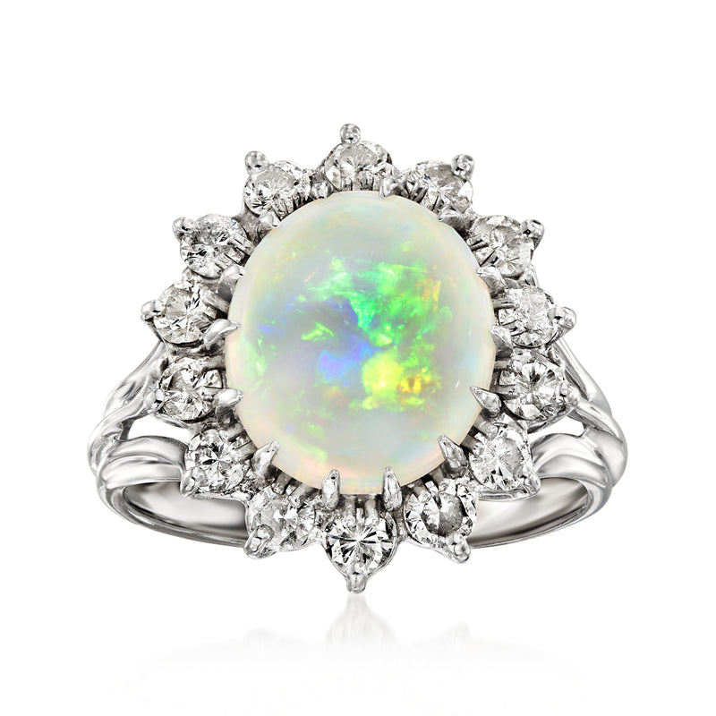 Vintage opal and diamond cluster ring in 14kt white gold, oval opal with halo