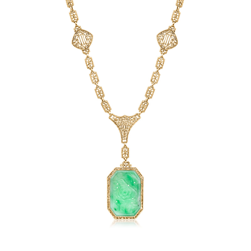 14kt yellow gold jade pendant necklace with green rectangular gemstone drop