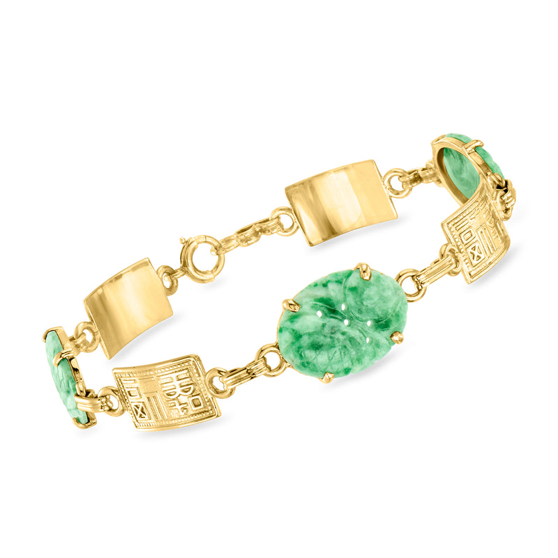 Vintage carved green jade station bracelet with 14kt yellow gold links and clasp
