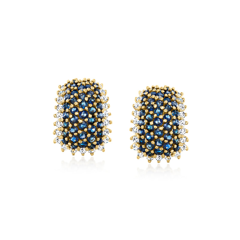 14kt yellow gold cluster stud earrings with blue sapphire and diamond rows