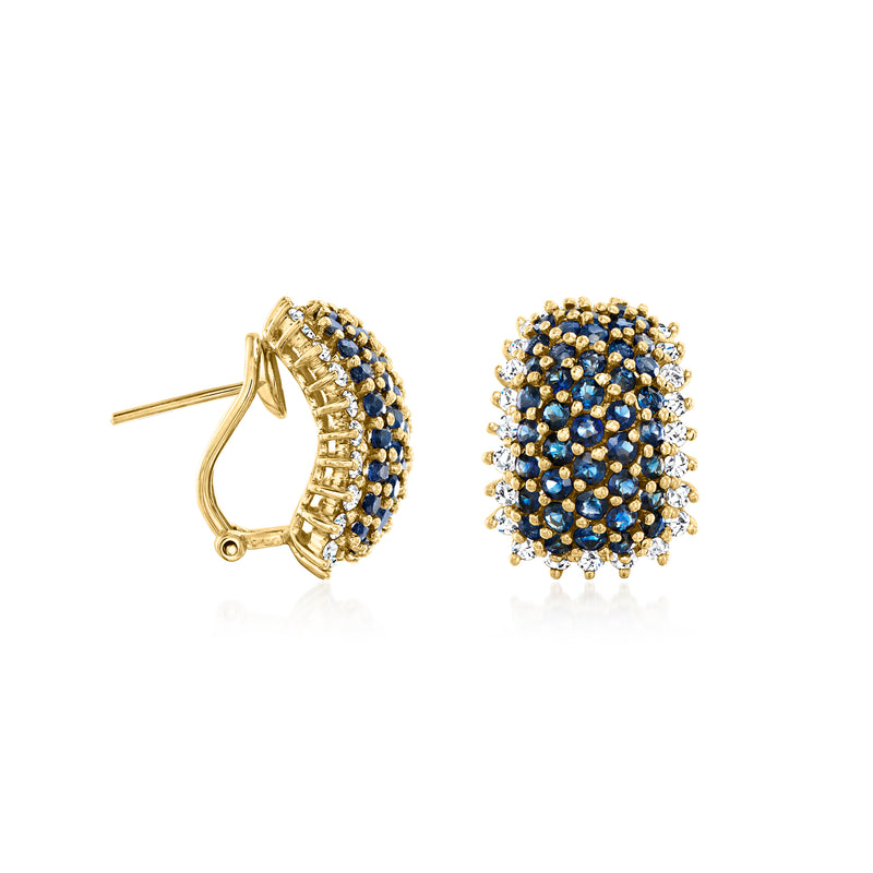 14kt yellow gold cluster stud earrings with blue sapphire and diamond trim