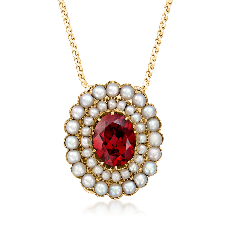 Vintage garnet pendant necklace with cultured pearls in yellow gold, red oval gemstone