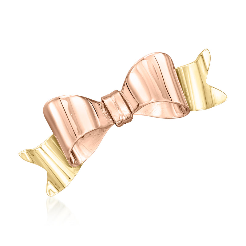 Two-tone gold bow pin with rose and yellow metal ribbon loops