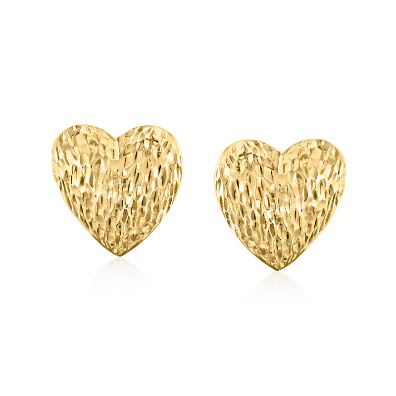 Puffed yellow gold heart stud earrings with diamond-cut texture, post backs
