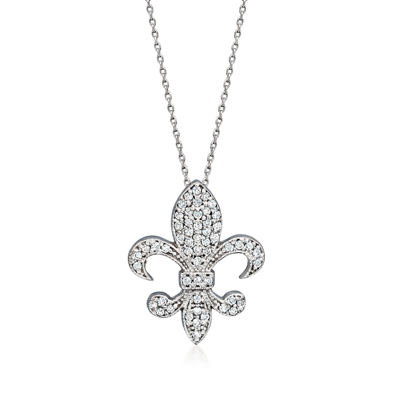 14kt white gold diamond fleur-de-lis pendant necklace with oval pave setting