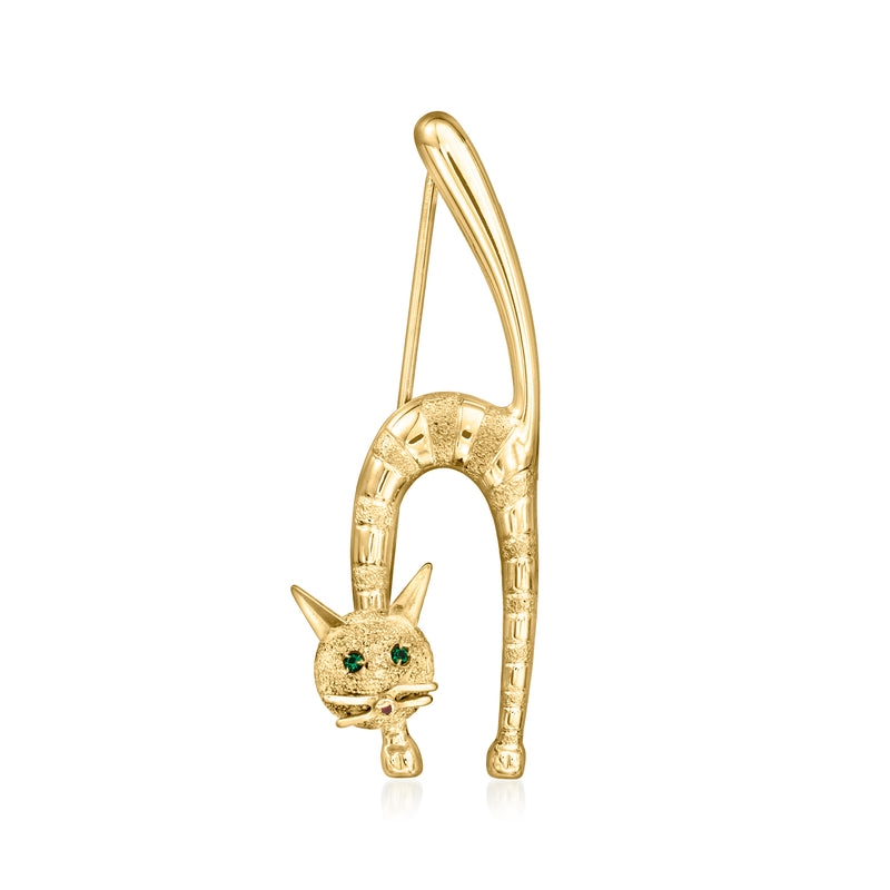 Vintage yellow gold cat pin with green simulated stones