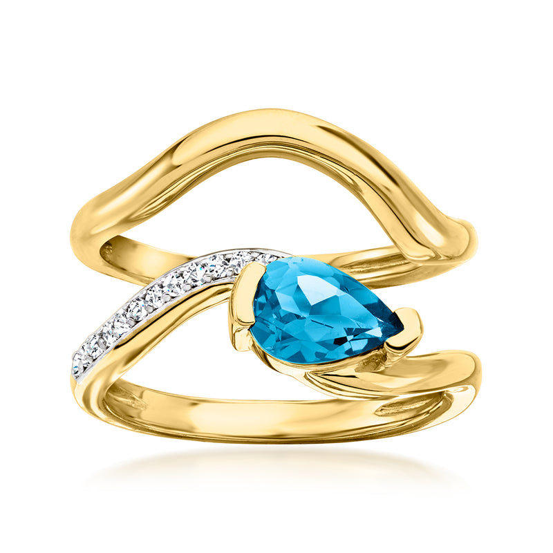Gold-tone two-ring set with oval blue topaz and diamond accents