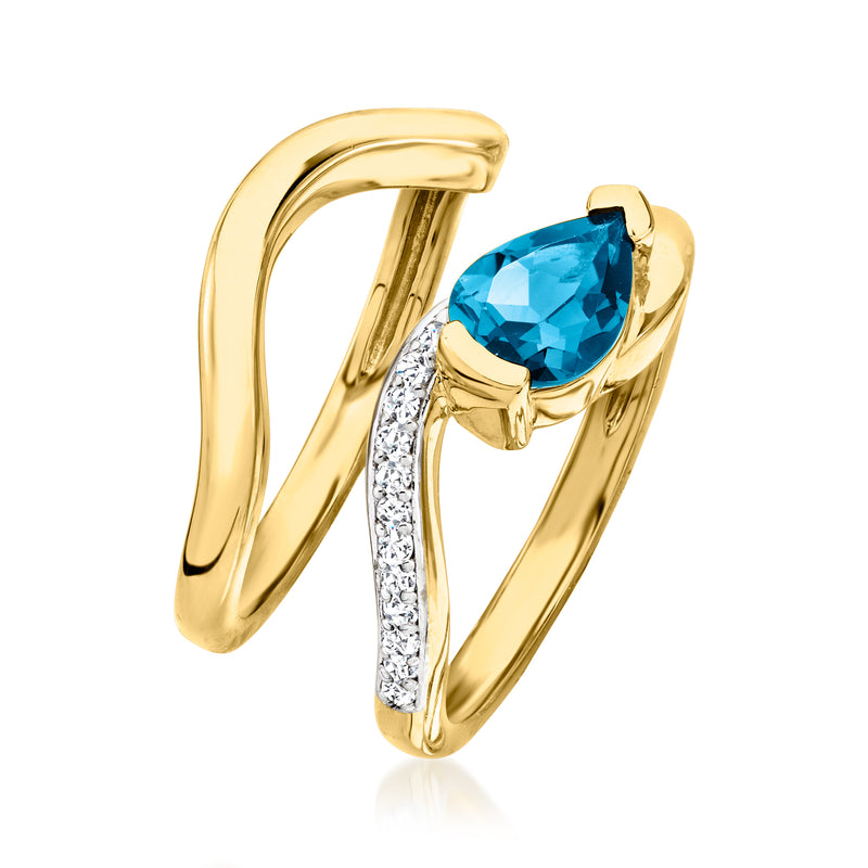 Two gold rings, one with pear-cut blue topaz and lab-grown diamond accents