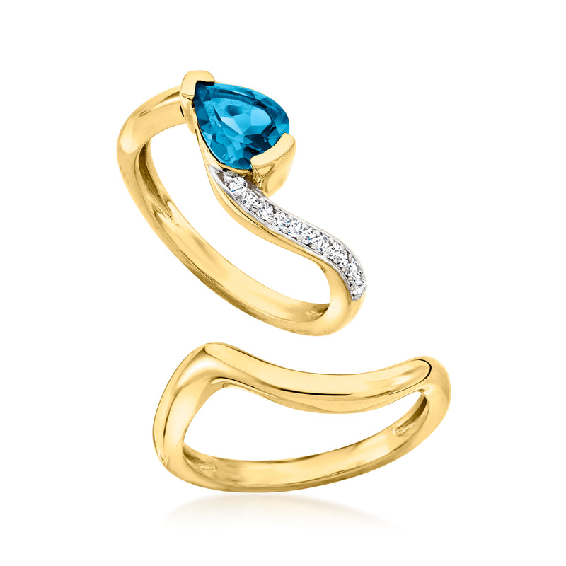 Two gold rings, one with a blue teardrop gemstone and diamond accent