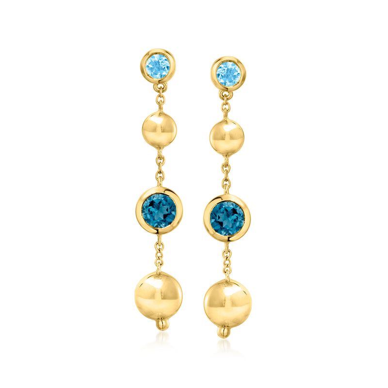 Gold drop earrings with blue round topaz accents and dangling bead-like charms