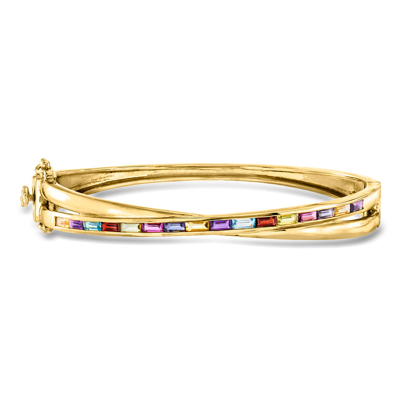 Gold-tone crisscross bangle bracelet with multicolor gemstone channel accents