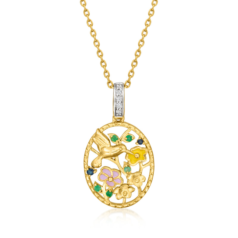 Gold-tone enamel pendant necklace with multicolor floral design and tiny stones