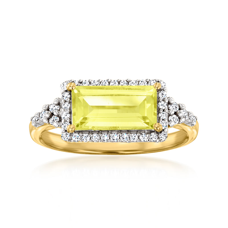 18kt gold over sterling ring with rectangular lemon quartz center and white stones halo