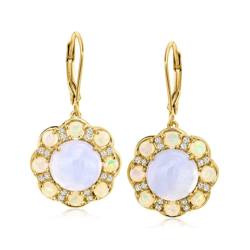 Gold-tone opal drop earrings with leverback clasps and multicolor gemstone halo