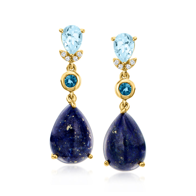 Gold drop earrings with blue teardrop stones, small clear accents, and lapis-style drops.