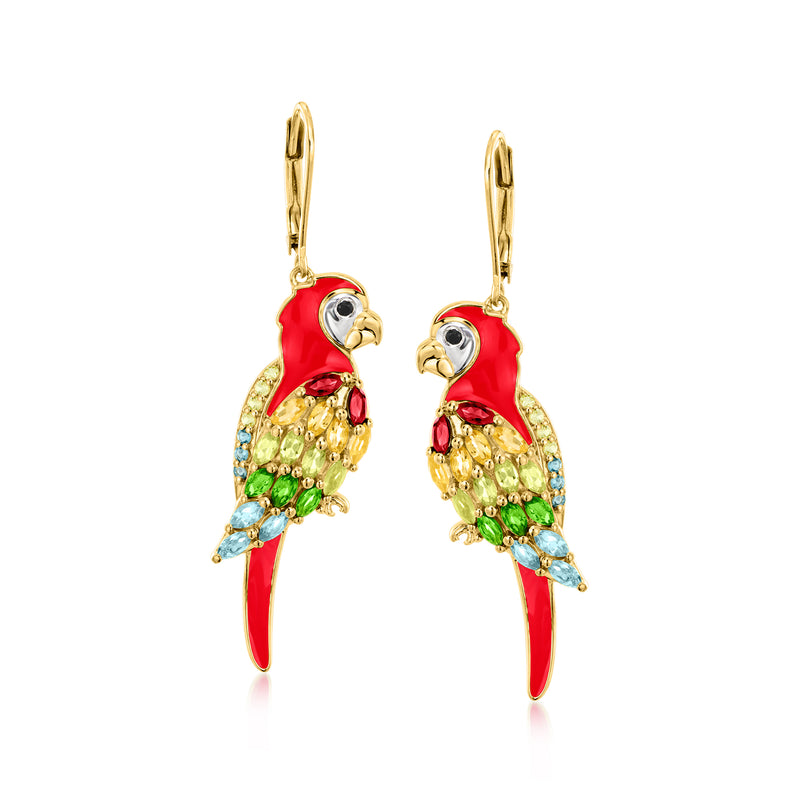 Parrot drop earrings with red enamel, multicolor gemstone body, gold leverback