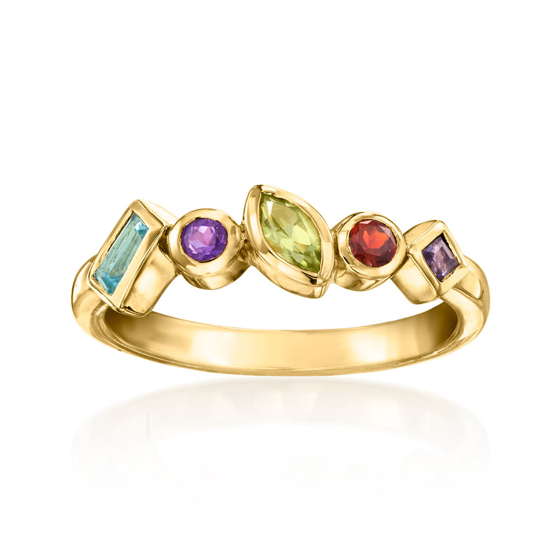 Gold-tone multi-gemstone ring with blue, purple, green, and red bezel-set stones
