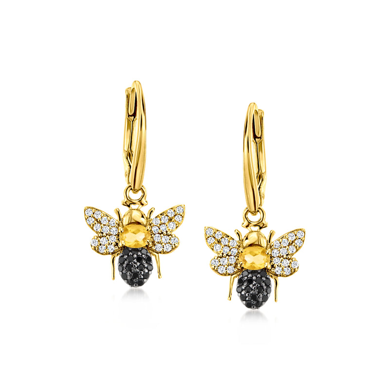 Bumblebee drop earrings with citrine yellow center, black body, white crystal wings, gold