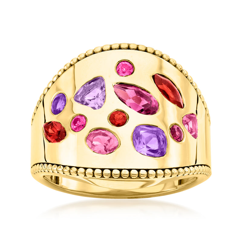 Gold ring with prong-set multicolor gemstones in oval and marquise shapes