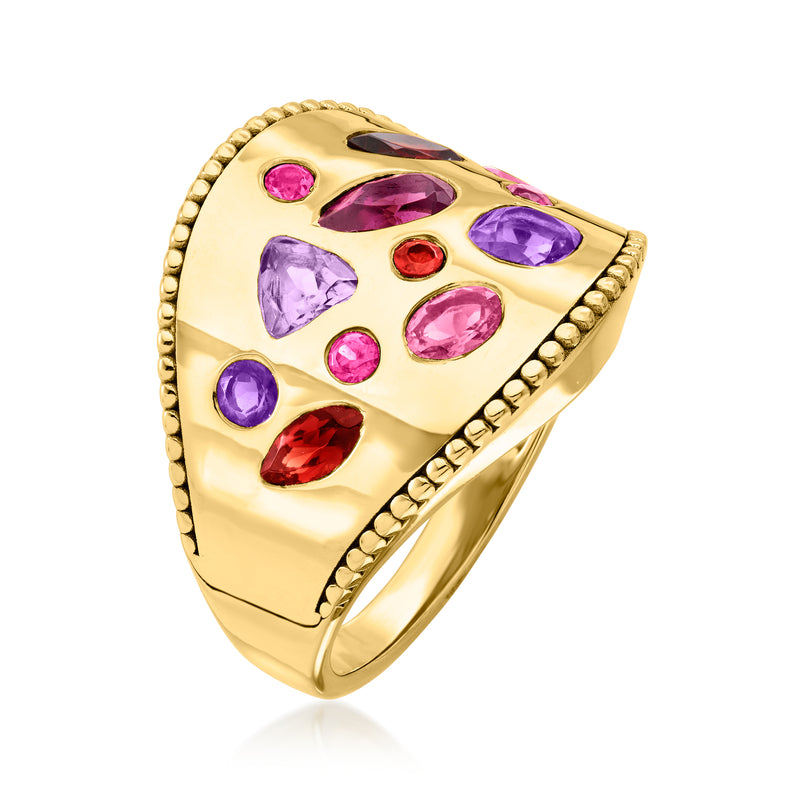 Gold square-top ring with purple, pink, and red gemstones and beaded border