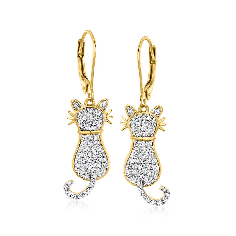 Gold cat drop earrings with leverback backs and white gemstone topaz accents