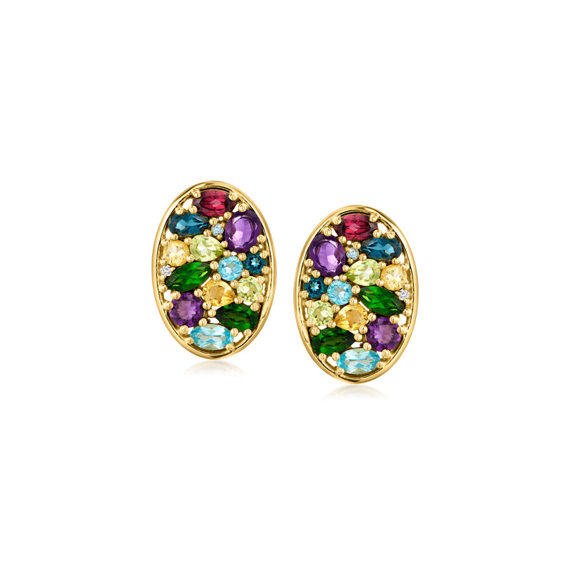 Gold oval gemstone stud earrings with multicolor gems and post backs