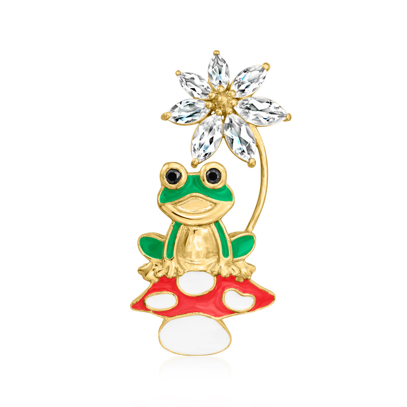 Sitting frog pendant pin with multicolored enamel and gold-tone setting, clear topaz-like stones
