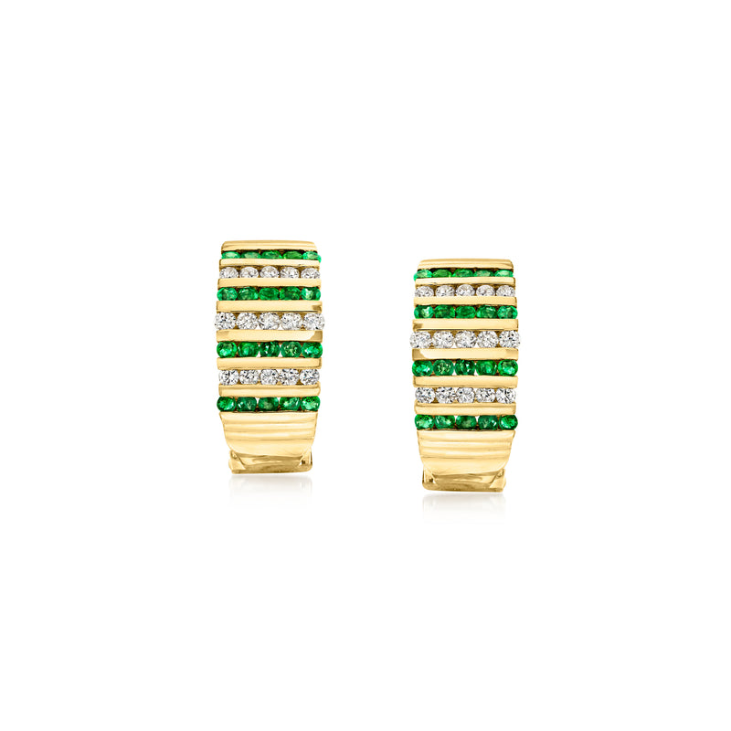 14kt yellow gold clip-on hoop earrings with green and clear gemstone rows
