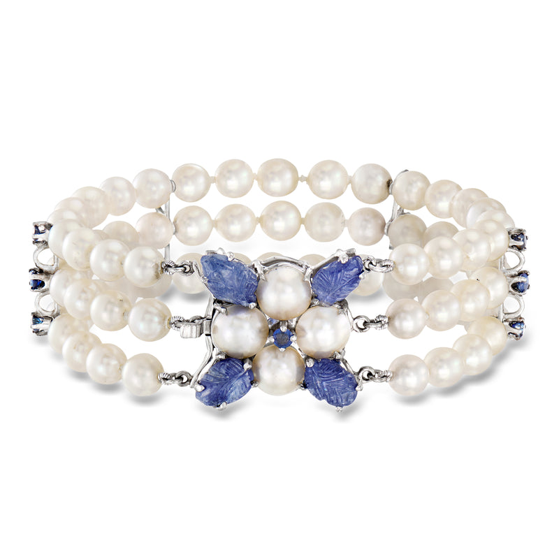 Three-row cultured pearl bracelet with blue sapphire floral clusters, white gold