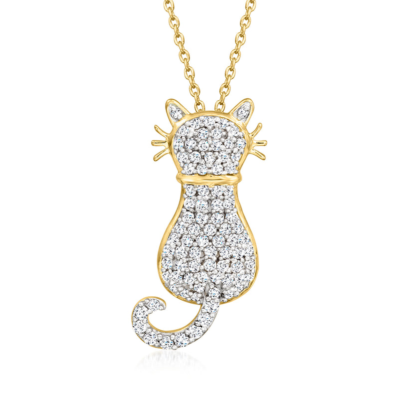 Cat-shaped white topaz pendant necklace, 18kt gold over sterling chain