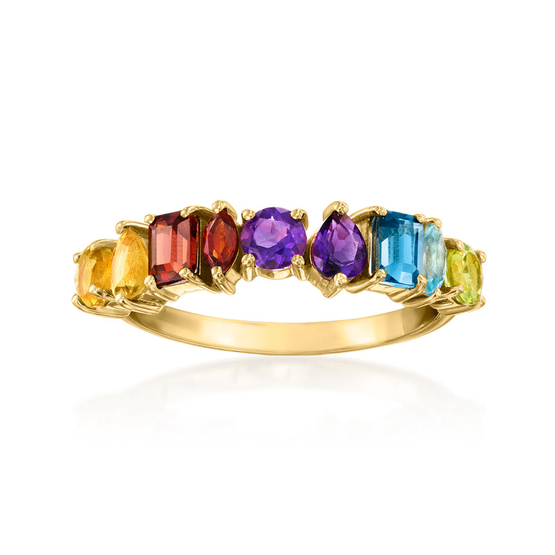14kt yellow gold multi-gemstone ring with red, purple, blue, green, and yellow oval stones